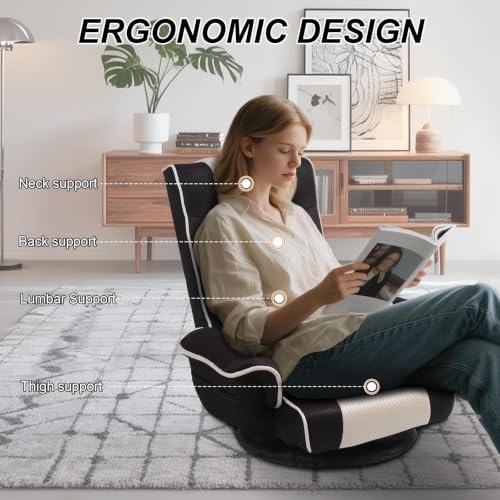 Image of Swivel Floor Chair for Adults, 14-Position Adjustable Floor Gaming Chair with Back Support & Armrests, Foldable Lazy Sofa Lounge, Breathable Mesh for Gaming Reading Meditation (Black /Beige)
