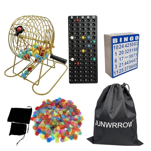 Deluxe Bingo Set -Includes Antique Gold Metal Rotary Cage with Storage Bag,100 Mixed Cards, 600 Colorful Chips,75 Calling Balls,Master Board&2 Velvet Bag for Parties, Classroom, Large Groups