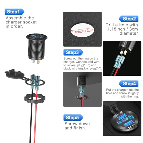 12V USB Aluminum Car Charger Socket PD 3.0 Type C and Dual Quick Charge 3.0 USB Port Multiple Waterproof 12V/24V USB Outlet with Touch Switch Fuse Wire Kit for Car Boat Marine RV Motorcycle, etc. - Thumbnail 6