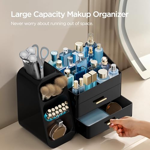 Image of HBlife Cologne Organizer for Men Makeup Organizer with Brush Holder for Vanity, Large Plastic Bathroom Countertop Organizer Skin Care Storage, Fathers Day Gift for Dad Husband, All Black
