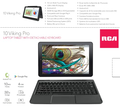 RCA Viking Pro 10" 2-in-1 Tablet 32GB Quad Core Charcoal Laptop Computer with Touchscreen and Detachable Keyboard Android 6.0