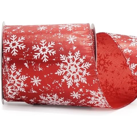 ALTIER 4 Inch x 10 Yards Red Metallic White Snowflake Wired Ribbon for Christmas Home Decoration Gift Wrapping Bow Making Wreath DIY Crafts Cover