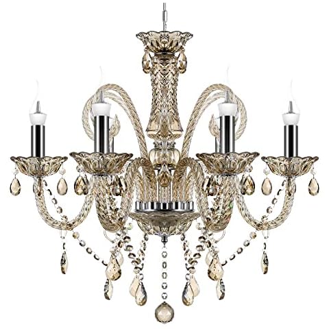 TRY-YEAN Vintage 6 Lights Cognac Chandeliers Ceiling Light K9 Crystal Glass Candle Style Lighting Fixture with Adjustable Chain Hanging Ceiling Pendant Lamp E14 for Bedroom Living Room Hallway Entry Cover