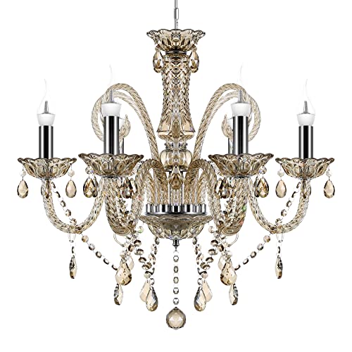 TRY-YEAN Lustre en Cristal 6 Bras élégant Lampe de Plafond Cognac E14 Lustre Cristal K9 Lustre Suspension Pampilles avec Chaîne Réglable Éclairage Style Bougie pour Salon Chambre Entrée De Couloir Cover