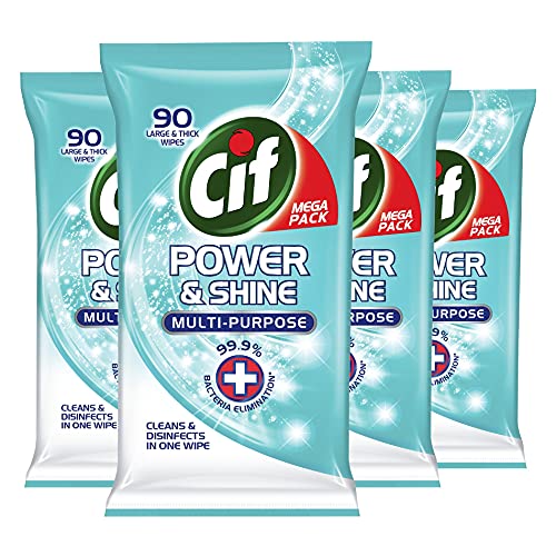 Cif Power & Shine Antibacterial Eliminate 99.9% of Bacteria* Cleaning Wipes Multi-purpose Wipes for A Beautifully Clean Home (4 x 90 Wipes)