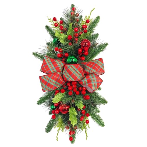 Christmas Swag,Christmas Staircase Swag Trim Garland Hanging Door Wreath for Holiday Window Home Outdoor Decoration (C-Red, 30cm*60cm)