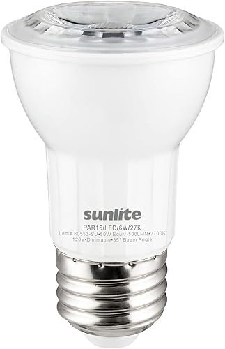 Sunlite 80553 Bombilla LED PAR16 reflectora, 6 vatios (50 W  ), 500 lúmenes, base E26 media, regulable, reflector, 90 CRI, Energy Star, listado ETL,
