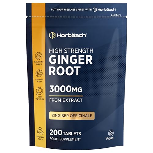 Ginger Root Tablets 3000mg | High Strength Zingiber Officinale Extract | Letterbox-Friendly & 100% Recyclable Pouch | 200 Vegan Tablets | by Horbaach