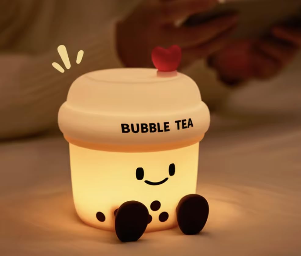 Cute Boba Tea Night Light for Kids & Teens, Soft Silicone Bubble Tea Lamp with Tap Control & 3 Brightness Levels, Rechargeable Kawaii Nursery Lamp, Bedroom Decor Gift for Girls and Boba Lovers