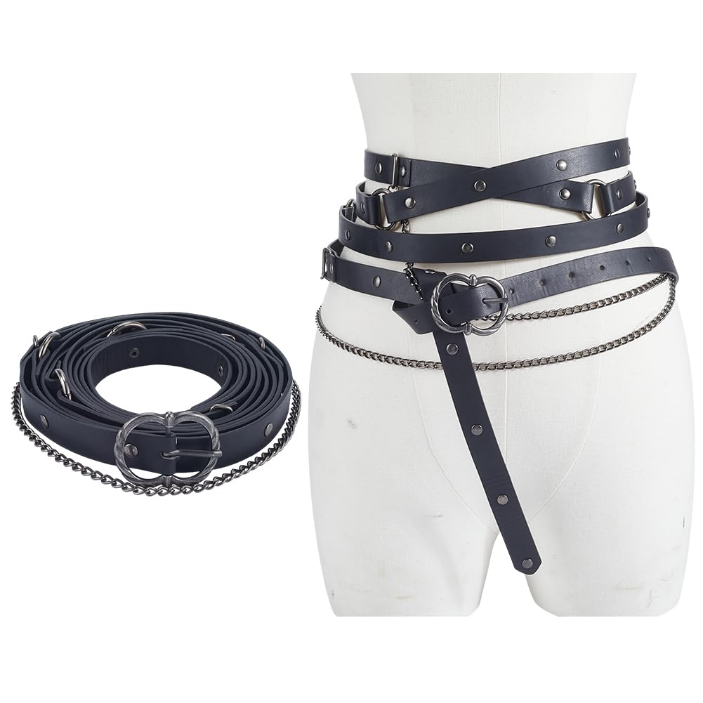 DELORIGIN Medieval DIY Faux Leather Metal Chain Belt Vintage Adjustable Waist Chain Belts Renaissance Thin Skinny Belt for Women Punk Pirate Dresses Rave Fantscy Costume Accessories (Black)