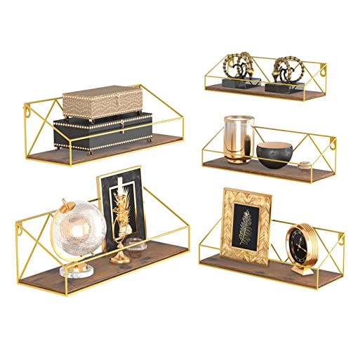 Petaflop Wood Floating Shelves For Wall Decor Set Of 5, Gold Mounted Storage Shelf For Bathroom, Living Room, Kitchen & Bedroom #TOP9