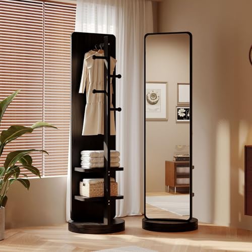 Espejo de longitud completa con perchero, espejo giratorio de 360° con base, estantes y ganchos para dormitorio, sala de estar, pasillo, entrada