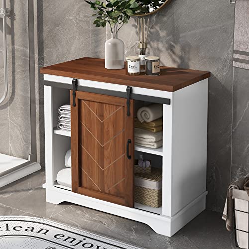 Merax, Brown Bathroom Cabinet With Sliding Barn Door, Farmhouse Accent Storage Cupboard With Adjustable Shelf, 1.18Inch Thick Mdf Board, White, 31.5" L X 15.7''W X 31.9''H #TOP1