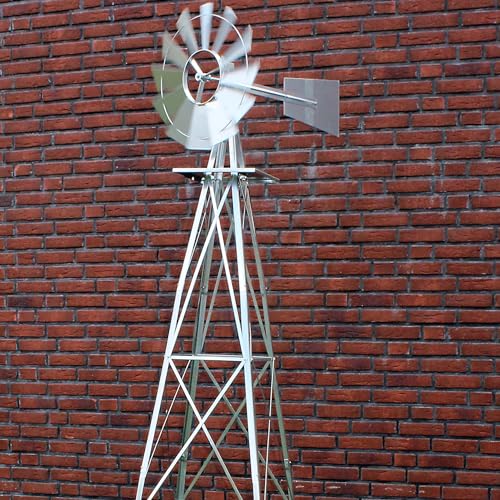Wiltec Éolienne de Jardin Design US – 670 x 670 x 2450 mm – Couleur argentée – Moulin avec Roulement à Bille – Girouette Roue Texas décorative déco – vue 3