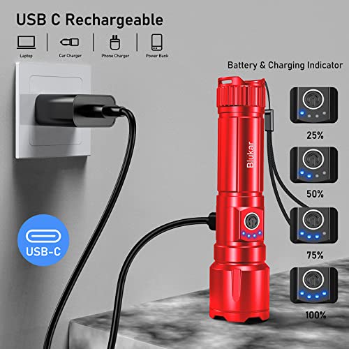 Blukar Rechargeable Flashlight High Lumens, Super Bright LED Powerful Tactical Torch - 5 Light Modes, Zoomable, Long Lasting, Waterproof Handheld Flash Light for Emergency, Camping, Hiking-Red