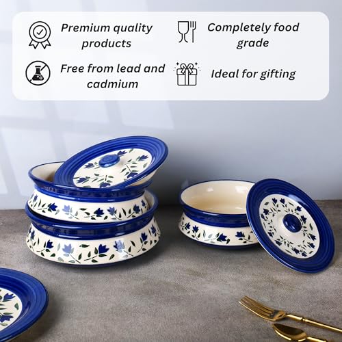Image of Niyara Premium Ceramic Casserole /Donga Set with Lids - Handcrafted Serving Bowls for Hot Food, Microwave & Dishwasher Safe - Set of 3, Sizes: 1000ML, 650ML, 550ML (Blue leaf design)