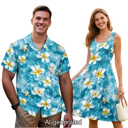 Image of Dreaweet Summer Dresses for Women A-Line Sleeveless Flowy Sun Dresses,Men's Casual Button-Down Shirts,Couple Matching Outfits
