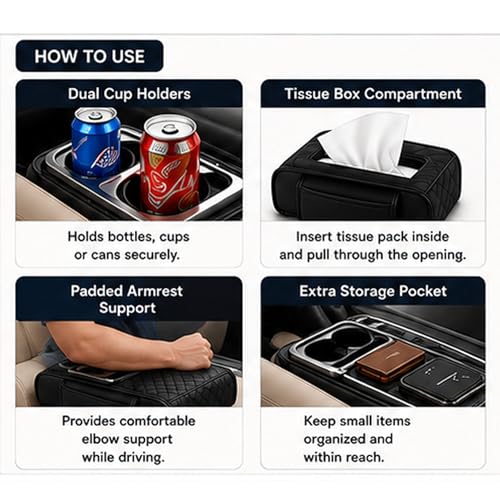 Image of Car Armrest Cushion with Cup Holder Cover, Armrest Pad with 2 Storage Pockets, Cup Holder, Tissue Slot, Phone Holder, Nappa Leather Memory Foam Car Accessories for SUV & Sedan (Black)