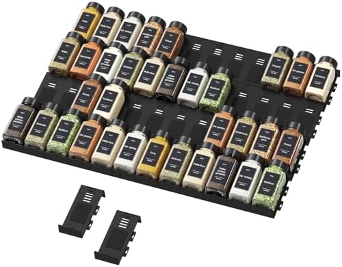 Lifewit 48 Pack Gewürzregal Schublade, Verstellbar Gewürz Organizer Schwarz | Kombinierbar Gewürze Organizer mit Kleber und Antirutschpads, Gewürzhalter für Schubladen mit mindeste
