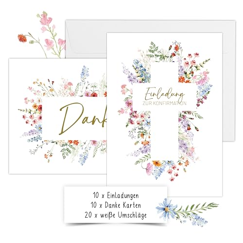 Calluna Einladungskarten Set Konfirmation 10 Einladungskarten 10 Danksagungskarten 20 Umschläge hochwertige Einladungen zur Konfirmationsfeier (Konfirmation)