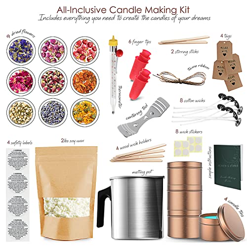 Image of Hearth & Harbor Organic Soy Candle Making Kit for Adults, DIY Crafts, Complete Candle Making Supplies Include Natural Soy Wax, Tins, Dried Flowers, Wicks & More - Gift Idea, Perfect Home Decor - 2 Lbs