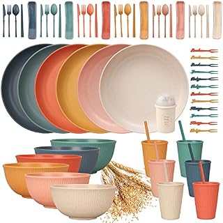 66pcs Unbreakable Tableware Sets for 6 People, Plastic Plates and Bowls Set,Lightweight Colorful Plastic Camping Plates, Bowls, Cups,Cutlery Set, Straw, Forks,Children Dinnerware Set