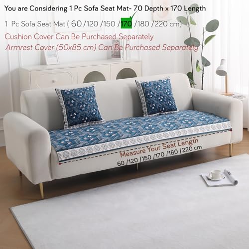 Image of HOKIPO 'LiefNest' Holland Velvet Sofa Cover Mat with Foam Filling for 1 /2 /3 Seater & L-Shape Sofa. Make Your Own Sofa Cover Set, Mat Size: 170(L) cm, Geometric Floral Oriental Blue (IN-824-D4)