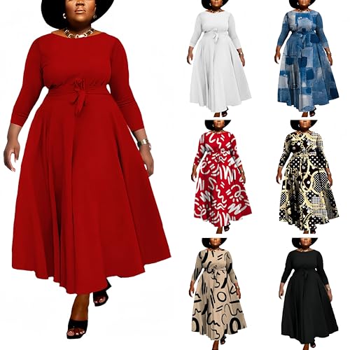 Image of Hostoyo Women Plus Size Formal A Line Maxi Dress Self Tie Waist with Pockets Elegant Round Neck Swing Long Dresses