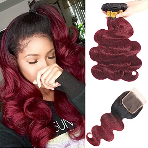 Feelgrace Hair Ombre Brazilian Hair Extension 3 Bundles Body Wave with Lace Closure 1B/99J Black to Burgundy Brazilian Body Weave Wine Red Brazilian Hair Bundles with Closure (10 12 14 with 10)