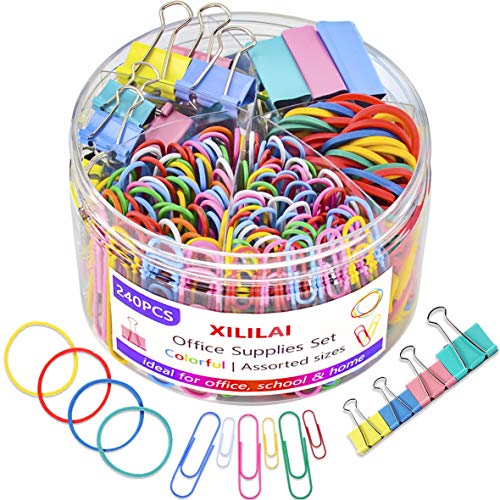 240 Pcs Binder Clips, Paper Clips, Rubber Bands, Paper Clamps - Muticolor Office Clips Set - 3 Sizes Binder Clips, 2 Sizes Paper Clips, 4 Colors Rubber Bands for Office, School Supplies (Multicolored)