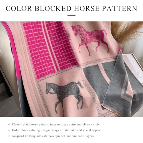 Winter Scarf Cashmere Shawl Color Blocked Plaid Retro Horse Pattern Reversible Scarf With Tassel Pashmina Stole Wrap3