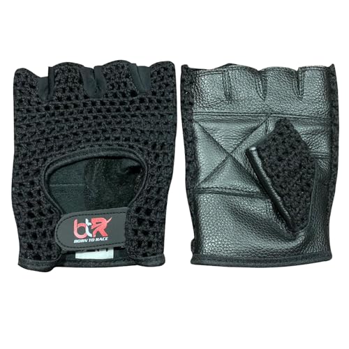 BTR BORN TO RACE Chauffeur Driving Gloves Mesh Net Fingerless Cowhide Leather Palm Cotton Crochet Back Cycling, Wheelchair Gloves (M)