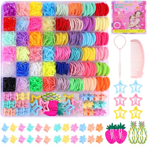 Funtopia - Accesorios para el cabello para niñas: juego de lazos elásticos coloridos y pinzas para el pelo, 1246 bandas de goma con lazos de algodón para bebés
