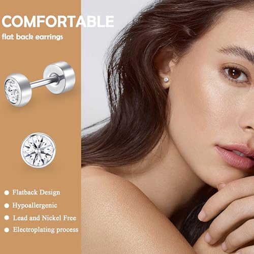 ZDE Titanium Women Flatback Earrings for Women Crystal Gold Stud Earrings Flat Back Earrings Hypoallergenic Cartilage Earring Helix Tragus Conch Piercing 3mm-5mm3