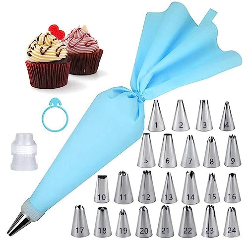 Kit per decorare torte, 27 pezzi, 24 beccucci per tubazioni, sacchetti in silicone riutilizzabili, accoppiatore, sac à poche e beccucci per pasticceria, cupcake e biscotti