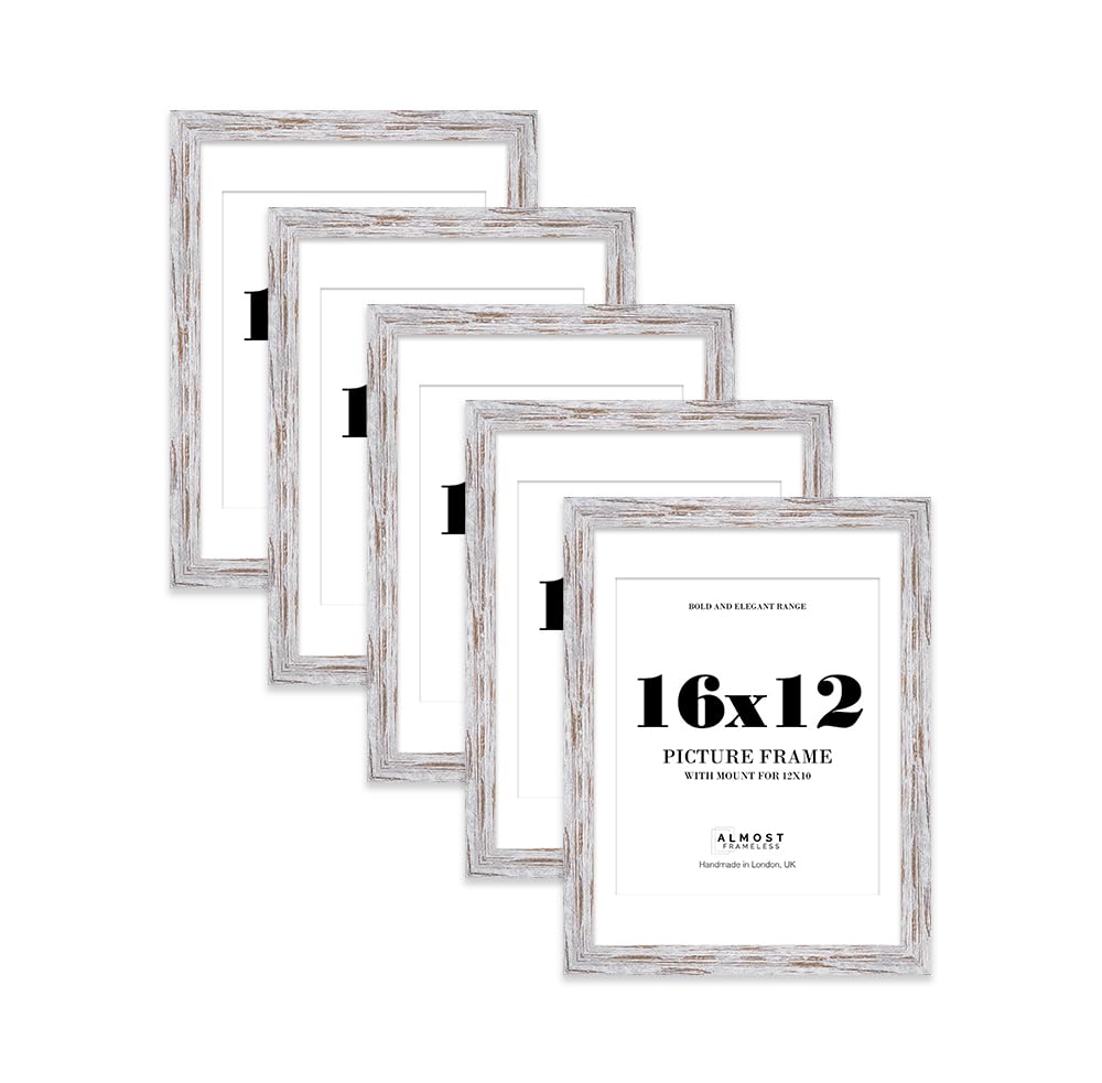 16x12 Distressed Wood Frame With Mount for 12x10 Pictures 28mm Edge Portrait and Landscape Display with Wall Hooks, 5 Pack