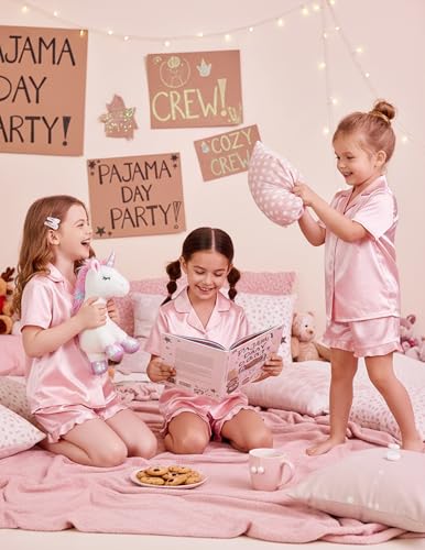 Image of Arshiner Girls Pajamas Silk Satin Pajama Set Button Pjs Ruffle Sleepwear | 2 Piece Nightwear, Silky Soft Lounge for Little & Big Kids, Ideal for Sleeping and Sleepover Party