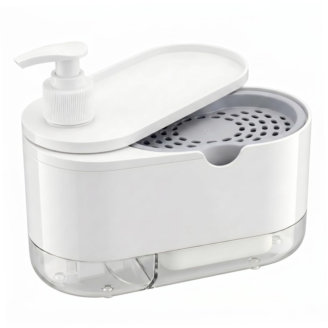 Xoeryoy Dish Soap Dispenser with Sponge Holder, 2-In1 Kitchen Soap Dispenser Set for Cleaning & Storage, 7x4in, White