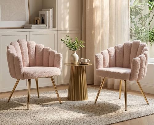 Miniatura 4 de Chairus Sillón Decorativo De Lana Sintética Sillón De Tocador Con Patas Doradas, Butaca Con Respaldo En Forma De Dedos Silla De Diseño Para Salón Dormitorio, Rosa