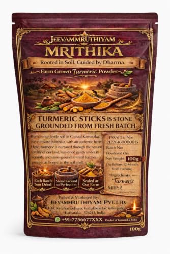 Image of Turmeric Powder Mrithika | Sun-Dried Haldi Powder | High Curcumin Manjalpodi | Stone-Grounded fresh batch | Pesticide-Free Arishina, No Additives Pasupu | MRITHIKA Farm-Grown curcuma longa Coastal Karnataka (100gm Pouch)