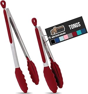 Gorilla Grip Stainless Steel Silicone Tongs for Cooking, Set of 2, Includes 9 and 12 Inch Locking Kitchen Tong, Heat Resis...