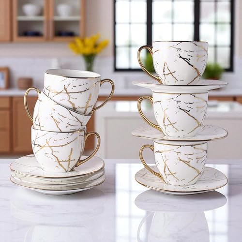 Image of Bone China Gold Line Diamond Cup with Saucer Set of 12 Pcs | Tea /Coffee Cups 200 ml | Microwave & Dishwasher Safe | Bone-Ash Free | Crockery Set Ideal for Daily Use & Gifting (White)