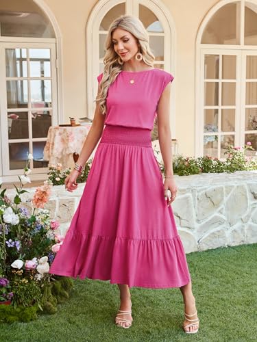 Image of Kikibell Womens Summer Dresses Cap Sleeve Elastic Waist Midi Dress with Pocket Long Causal Sundress Beach Vacation Outfits