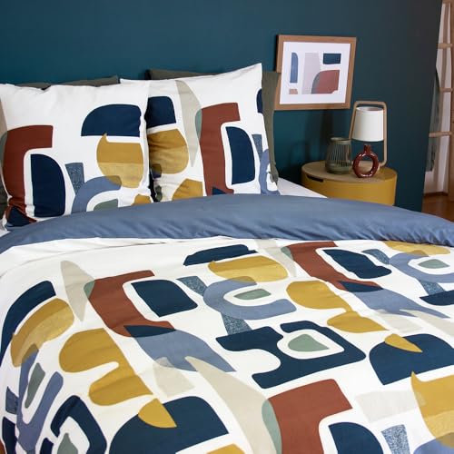 Parure de Lit 220x240 cm Imprimée Adulte - Housse de Couette 220x240 cm + 2 Taies d'Oreiller 63x63 cm Motif Imprimé Géométrique Bleu Jaune - Sets de Housse...