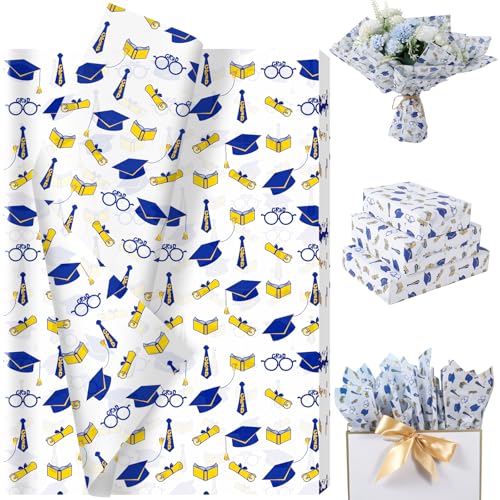 60 Sheets 2026 Graduation Tissue Paper Blue Gold Graduate Caps Scrolls Book Glasses Wrapping Paper for 2026 Graduation Season Party Gift Wrap Supplies 13.8 x 19.7 Inch