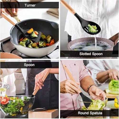 Image of Silicone Spatula Set, Spatula Set with Wooden Handle for Cooking and Mixing, for Non Stick Pan, Kitchen Tools Set of (12, Black)