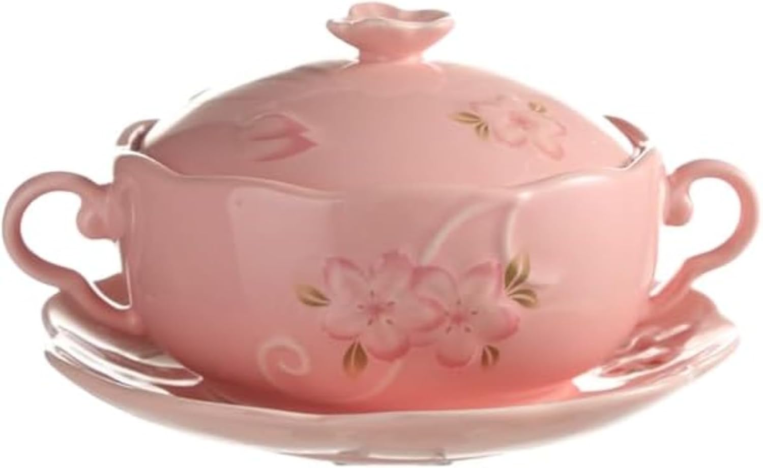 DRWG和風陶磁器取っ手付き蓋付き椀釉下彩浮き彫り花柄デザート椀 蒸し卵・スープ・朝食・フルーツ・サラダ用 大人向け家庭用あふれる和