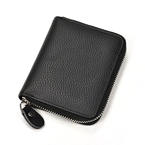 Preisvergleich Produktbild Herren Echtleder Bifold Zip-Around Geldbörse Schwarz Rindsleder Kurze Brieftasche (Vertical Black)