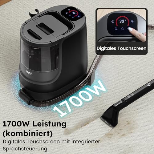 Saaf Fleckenreiniger – 7-teiliges Set – Mit Dampf-Funktion bis 100°C – Teppich- & Polsterreiniger – 1700W Leistungsstarker Motor – Inklusive Teppichaufsatz, Präzisionsbürste & Fensterwischer – Schwarz