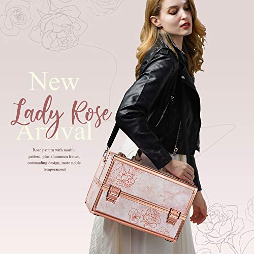 Joligrace Makeup Train Case Professional - 13.5 Inch Portable Artist Lockable Aluminum Cosmetic Organizer Storage Box With 4 Fixed Dividers Trays 2 Locks And Shoulder Strap Rose Gold #TOP6
